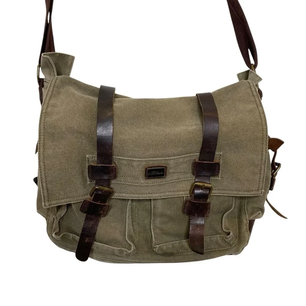 Vintage Military Leather Canvas Laptop Bag Messenger Army Green Adjustable Strap